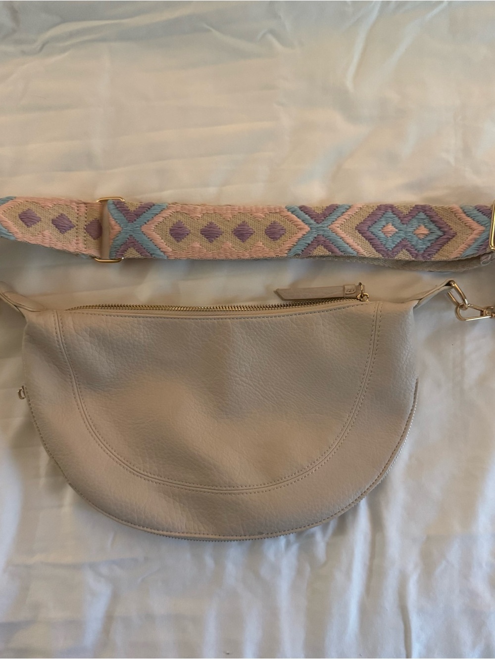 Neutral Cream Half-Moon Crossbody with Removable Patterned Strap